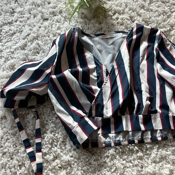 ROMWE Navy and White Striped V-Neck Blouse - Picture 2 of 6